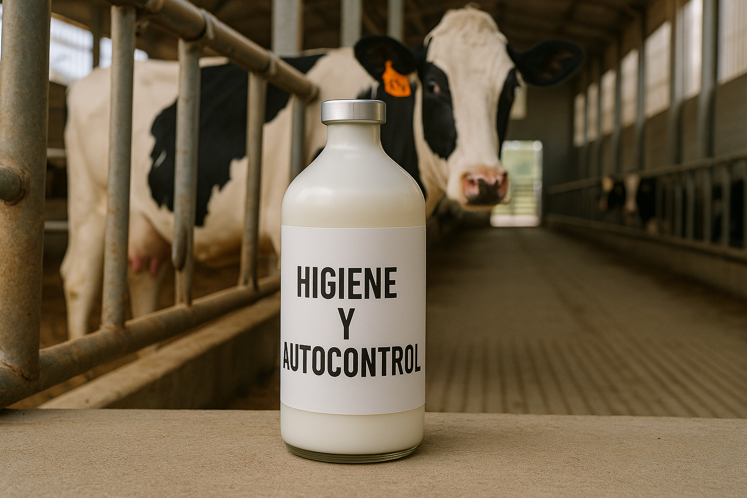 Botella de leche con texto Higiene y autocontrol en una explotación ganadera